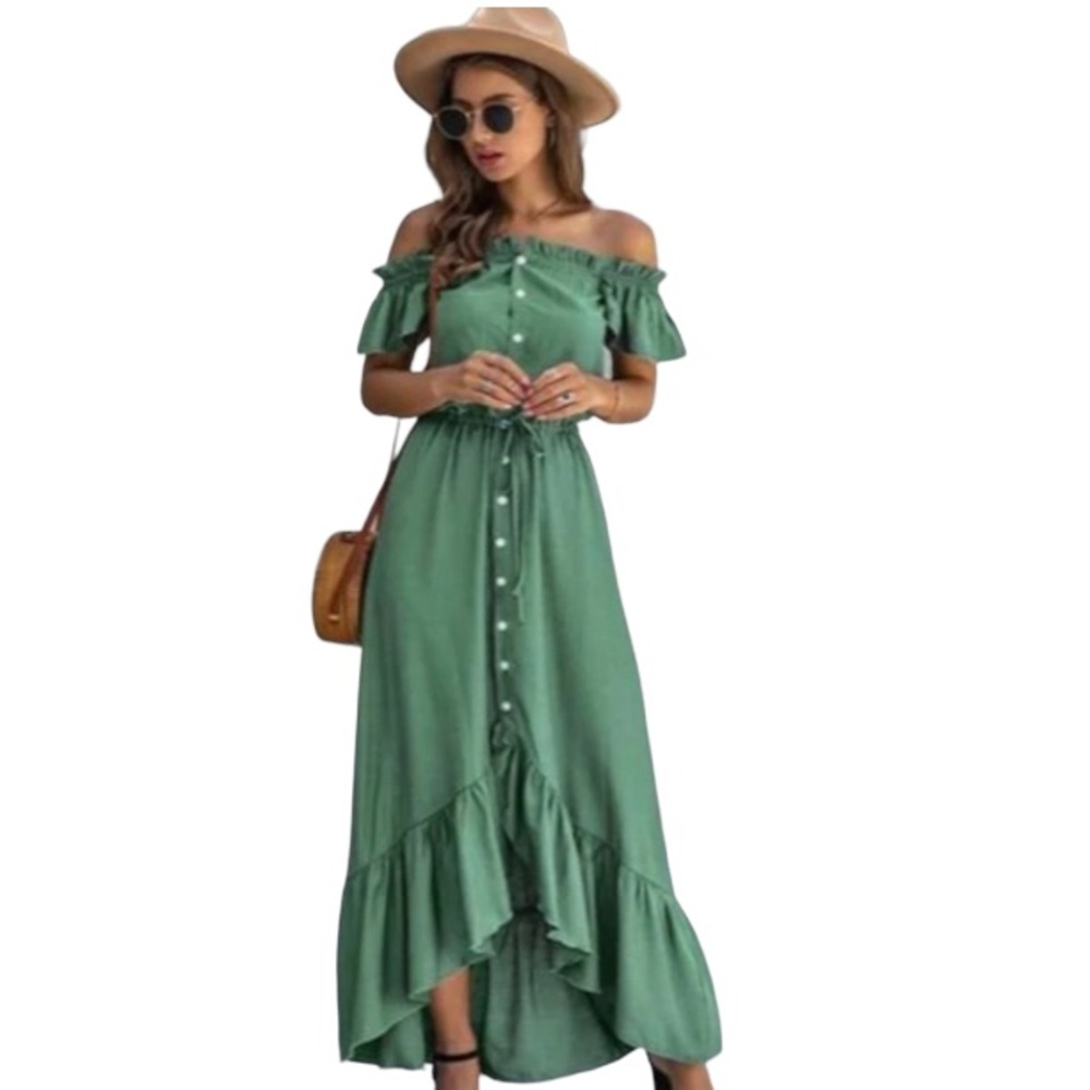 ANNA-KACI Frilled Ruffle Off The Shoulder Sage Green Maxi Dress. Sz: Medium
